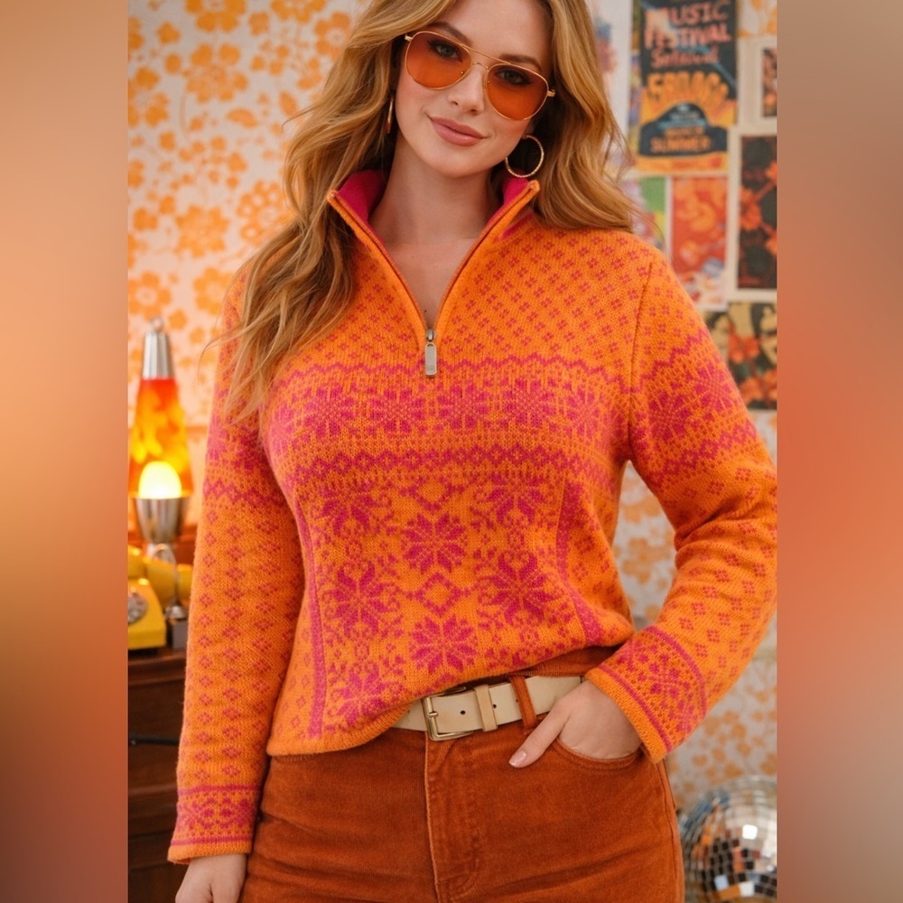 Obermeyer Mimi Fair Isle Nordic Orange and Pink Quarter Zip Wool Sweater